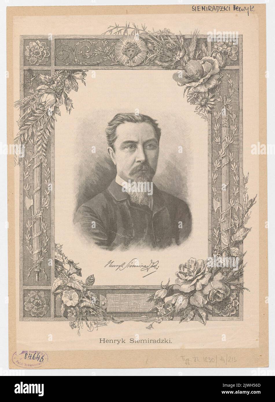 Portrait of Henryk Siemiradzki (1843-1902) (bust with border); from: `Tygodnik Ilustrowany`, no. 14 of April 5th, 1890, p. 213 (title page) [illustration for the article on p. 210-211: Wojciech Gerson, `Henryk Siemiradzki`]. unknown, photographer, Wróblewski, Ignacy (1858-1953), draughtsman, cartoonist, Łoskoczyński, Józef (1857-1928), engraver, Tygodnik Ilustrowany (Warszawa ; czasopismo ; 1859-1939), publisher Stock Photo